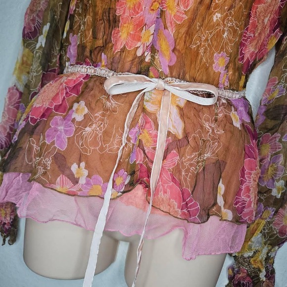 Méchant Silk Floral Chiffon Blouse Sheer Boho Layered Mesh Waist Tie Top - Picture 4 of 8